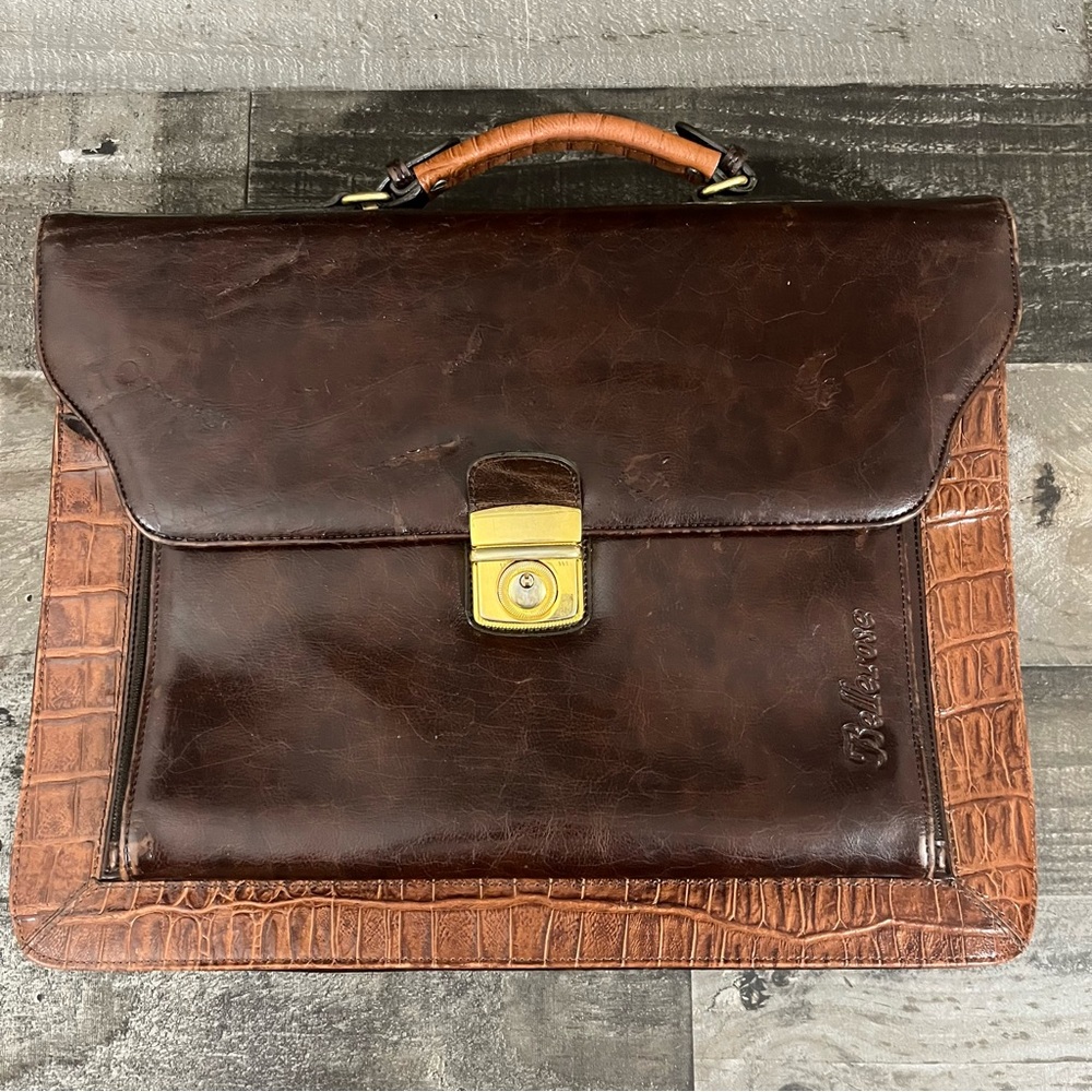 Bellerose Brown Leather Croc Print Briefcase Laptop Messenger Portfolio Bag Case